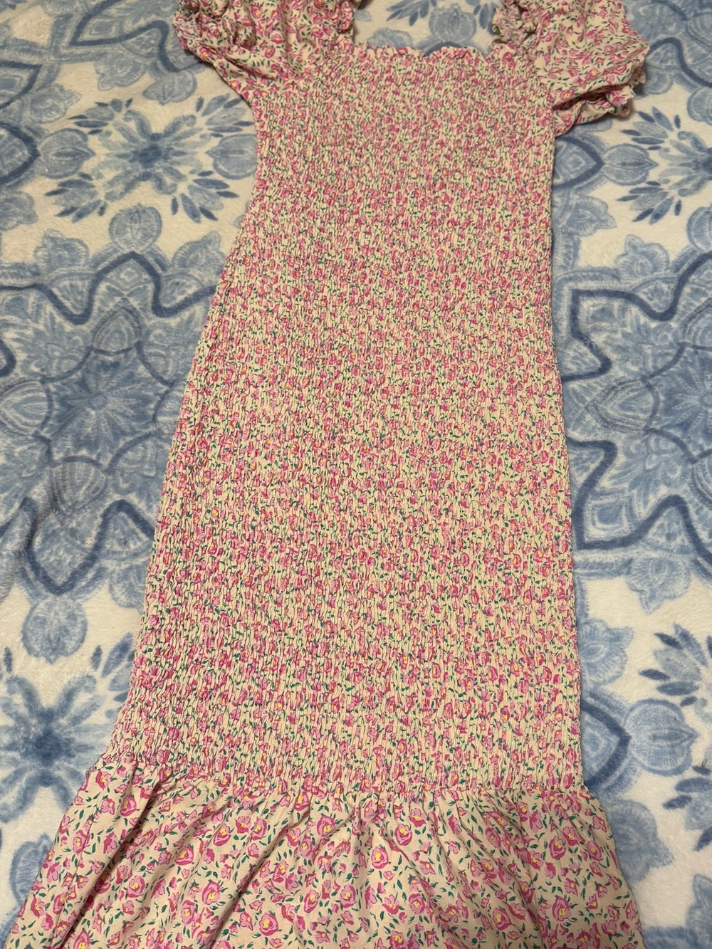 Pretty Garden Floral Pink Smocked Maxi Skirt ruffle hem puff sleeves size Large